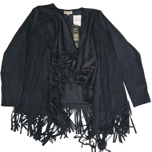 DG2 By Diane Gilman Women's Black Fringed Trim Open Front Cardigan Size XL NWT - Picture 2 of 13
